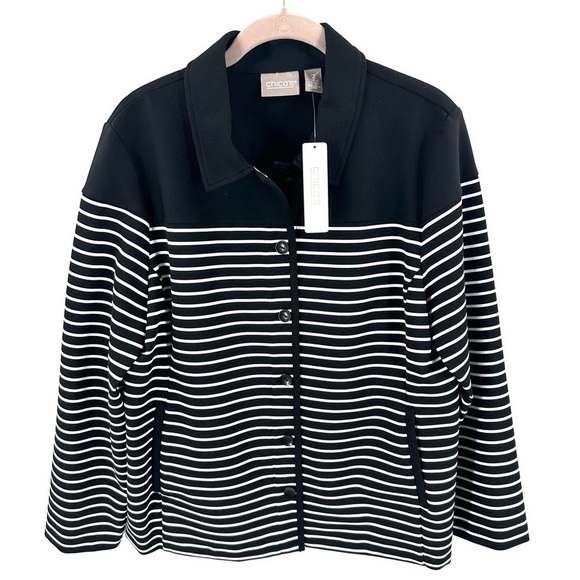 Chicos Jacket Sz 2 US 12 Striped Ottoman Lightweight Pockets Office Career NEW - Picture 11 of 11